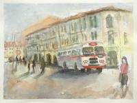 Old Singapore vintage bus original watercolour painting art with dreamy nostalgic street landscape of shophouses in warm impressionist hues