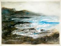 The Waves - Korea Jeju Island waves abstract watercolor seascape painting art of atmospheric landscape with stormy sea and jagged rock coast