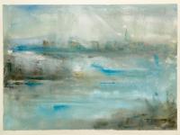 The Unbearable Lightness of Being - abstract impressionist watercolor painting of sea coastal city, original blue white landscape mood art