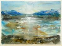 Cold Light - Icelandic sun lake mountains landscape watercolor painting art with water reflections in abstract impressionist blue