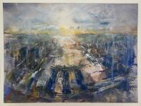 Marina Bay Sands - Singapore sunset skyscraper cityscape watercolor painting art in atmospheric abstract landscape style