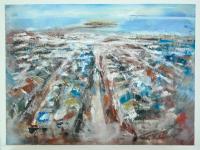 Reykjavik - Icelandic capital abstract cityscape watercolor painting art in dreamy abstract impressionist style