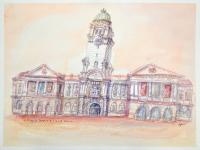 Singapore watercolor painting - Victoria Theatre Concert Hall - original artwork - Singapore icon - whimsical building - impressionism art