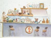 Taiwan cafe original watercolor painting - whimsical travel art