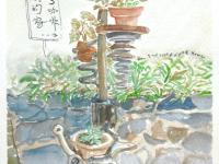 Taiwan Alishan cafe original watercolor painting of pots of plants  - botany zen art - whimsical travel art decor