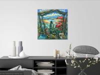 Wanderer's Paradise - Surreal Landscape, Whimsical Painting, Traveller, Hiker, Jeju Island, Sea, Clouds, Van Gogh style, Blue, Original Art