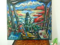 Wanderer's Paradise - Surreal Landscape, Whimsical Painting, Traveller, Hiker, Jeju Island, Sea, Clouds, Van Gogh style, Blue, Original Art