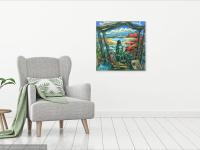 Wanderer's Paradise - Surreal Landscape, Whimsical Painting, Traveller, Hiker, Jeju Island, Sea, Clouds, Van Gogh style, Blue, Original Art
