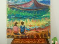 Wave Watch- Whimsical Painting, Seascape, Beach, Waves, Mountain, Surreal Landscape, Impressionist, Korea, Couple, Colorful Art, Jeju Island