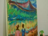 Wave Watch- Whimsical Painting, Seascape, Beach, Waves, Mountain, Surreal Landscape, Impressionist, Korea, Couple, Colorful Art, Jeju Island