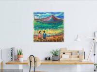 Wave Watch- Whimsical Painting, Seascape, Beach, Waves, Mountain, Surreal Landscape, Impressionist, Korea, Couple, Colorful Art, Jeju Island