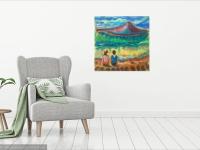 Wave Watch- Whimsical Painting, Seascape, Beach, Waves, Mountain, Surreal Landscape, Impressionist, Korea, Couple, Colorful Art, Jeju Island