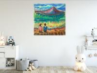 Wave Watch- Whimsical Painting, Seascape, Beach, Waves, Mountain, Surreal Landscape, Impressionist, Korea, Couple, Colorful Art, Jeju Island