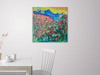 Wild Flowers -Bright Impressionist Korean Landscape Painting Fine Art of whimsical floral mountain lake in colorful Jeju Island nature hike