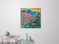Wild Flowers -Bright Impressionist Korean Landscape Painting Fine Art of whimsical floral mountain lake in colorful Jeju Island nature hike
