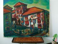 Windows of the Heart - Spain Camino de Santiago red houses oil painting, Spanish architecture expressionist art in Chagall whimsical style