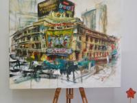 Yesteryear - Capitol Cinema Painting Art, original canvas artwork in abstract impressionist style of Singapore architectural landmark icon