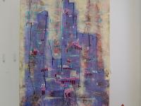 Whimsical fantasy city mood abstract painting on canvas original art, a surreal metropolis artwork with gestural lines, collage and etchings