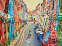 Original Singapore Shophouse Oil Painting, Everton Road Peranakan Art, Hand Painted Heritage Street Scene Canvas, Vibrant Asian Wall Art