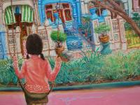Emerald Hill Shophouses Oil Painting: Singapore Peranakan Heritage Street at Orchard Road with Little Nonya Girl on Swing