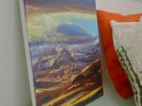 Awe -Iceland Mountain Cloud Landscape Oil Painting, small impressionist original canvas art of surreal icelandic scenery in blue and purple