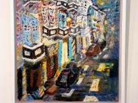 Chinatown Blues, original oil canvas painting art in impasto Van Gogh style, vibrant blue street landscape of Singapore peranakan shophouses