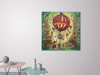 Up And Away -Whimsical Vintage Hot Air Balloon Original Painting with little girl & cat, birdcage, angels, roses, in sweet fairytale fantasy