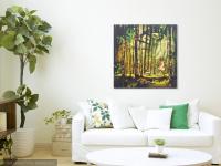 Magic Forest Trees Landscape Original Art Canvas Painting with running little Girl and Dog on a sunlight path of whimsical woods and animals