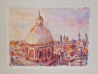 Prague Dome Cityscape - Original Watercolor Impressionist Landscape Painting Fine Art, Warm, European, Czech, Sunset, Architectural, Pastel