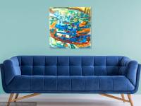 Jeju Boats - Abstract Impressionist Original Oil Painting Fine Art of korean fishing boats, blue sea art in colorful vibrant whimsical style