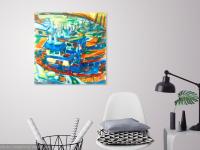 Jeju Boats - Abstract Impressionist Original Oil Painting Fine Art of korean fishing boats, blue sea art in colorful vibrant whimsical style