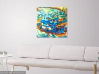 Jeju Boats - Abstract Impressionist Original Oil Painting Fine Art of korean fishing boats, blue sea art in colorful vibrant whimsical style