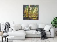 Magic Forest Trees Landscape Original Art Canvas Painting with running little Girl and Dog on a sunlight path of whimsical woods and animals