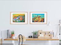 4 El Camino Art Prints - O Cebreiro Spain Village Landscape Paintings with whimsical houses in Galicia on Way of St James for hiker pilgrims