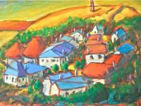 4 El Camino Art Prints - O Cebreiro Spain Village Landscape Paintings with whimsical houses in Galicia on Way of St James for hiker pilgrims