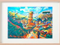 4 El Camino Art Prints - O Cebreiro Spain Village Landscape Paintings with whimsical houses in Galicia on Way of St James for hiker pilgrims