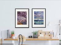 9 Icelandic Painting Art Prints - Serene Reykjavik Iceland city pic w water reflections, clouds sunset and houses in impressionist pastel blue