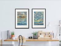 9 Icelandic Painting Art Prints - Serene Reykjavik Iceland city pic w water reflections, clouds sunset and houses in impressionist pastel blue