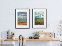 9 Icelandic Painting Art Prints - Serene Reykjavik Iceland city pic w water reflections, clouds sunset and houses in impressionist pastel blue