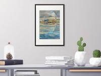 Icelandic Painting Art Prints A4 - Serene Reykjavik Iceland city pic w water reflections, clouds sunset and houses in impressionist pastel blue