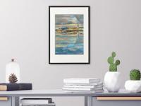 9 Icelandic Painting Art Prints - Serene Reykjavik Iceland city pic w water reflections, clouds sunset and houses in impressionist pastel blue