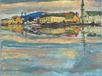 9 Icelandic Painting Art Prints - Serene Reykjavik Iceland city pic w water reflections, clouds sunset and houses in impressionist pastel blue