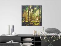 Magic Forest Trees Landscape Original Art Canvas Painting with running little Girl and Dog on a sunlight path of whimsical woods and animals