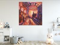 Train Station Impressionist Painting Canvas Art with little Girl and Teddy Bear in Monet style bright orange, original whimsical acrylic art