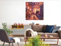 Train Station Impressionist Painting Canvas Art with little Girl and Teddy Bear in Monet style bright orange, original whimsical acrylic art