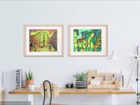 9 Camino de Santiago Art Prints - Picturesque Arrival, Spanish landscape whimsical impressionist paintings of Spain El Camino in Cezanne style
