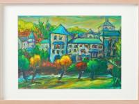 El Camino Art Prints A4 - O Cebreiro Spain Village Landscape Paintings with whimsical houses in Galicia on Way of St James for hiker pilgrims