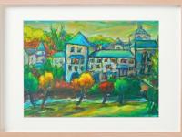 4 El Camino Art Prints - O Cebreiro Spain Village Landscape Paintings with whimsical houses in Galicia on Way of St James for hiker pilgrims