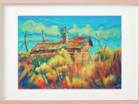 4 El Camino Art Prints - O Cebreiro Spain Village Landscape Paintings with whimsical houses in Galicia on Way of St James for hiker pilgrims