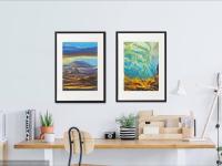 9 Icelandic Painting Art Prints - Serene Reykjavik Iceland city pic w water reflections, clouds sunset and houses in impressionist pastel blue